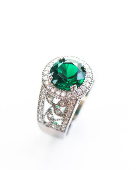 Filigree Green Halo Silver CZ Rings