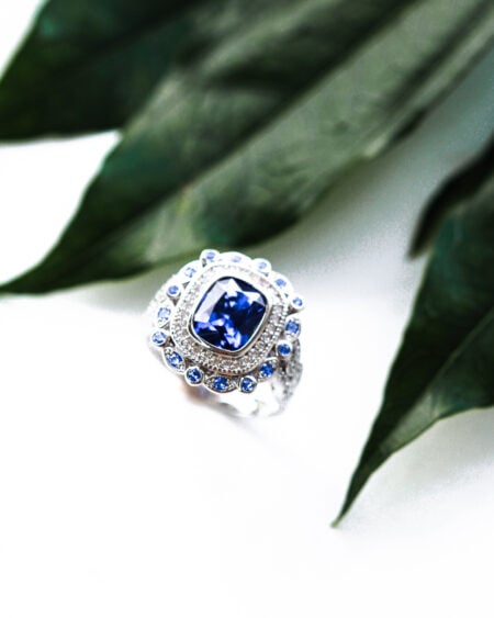 Blue Sterling Silver Round and Marquise Halo Statement Ring
