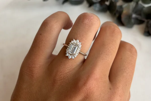 Emerald Cut Moissanite Vintage Halo Engagement Ring