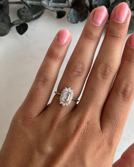 Emerald Cut Moissanite Bezel Halo Ring