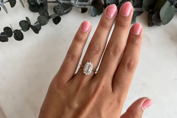 Emerald Cut Moissanite Bezel Halo Ring