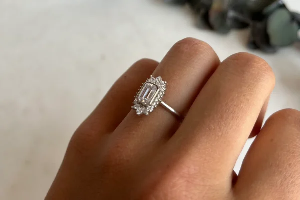 Emerald Cut Moissanite Vintage Halo Engagement Ring