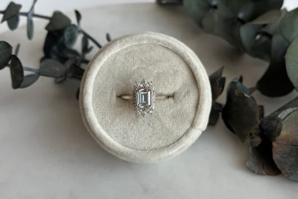 Emerald Cut Moissanite Vintage Halo Engagement Ring