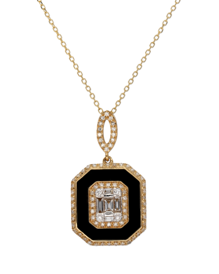 9ct Gold Onyx Baguette Diamond Necklace